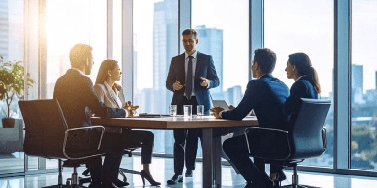 A business meeting in a modern office with a presenter and attentive participants