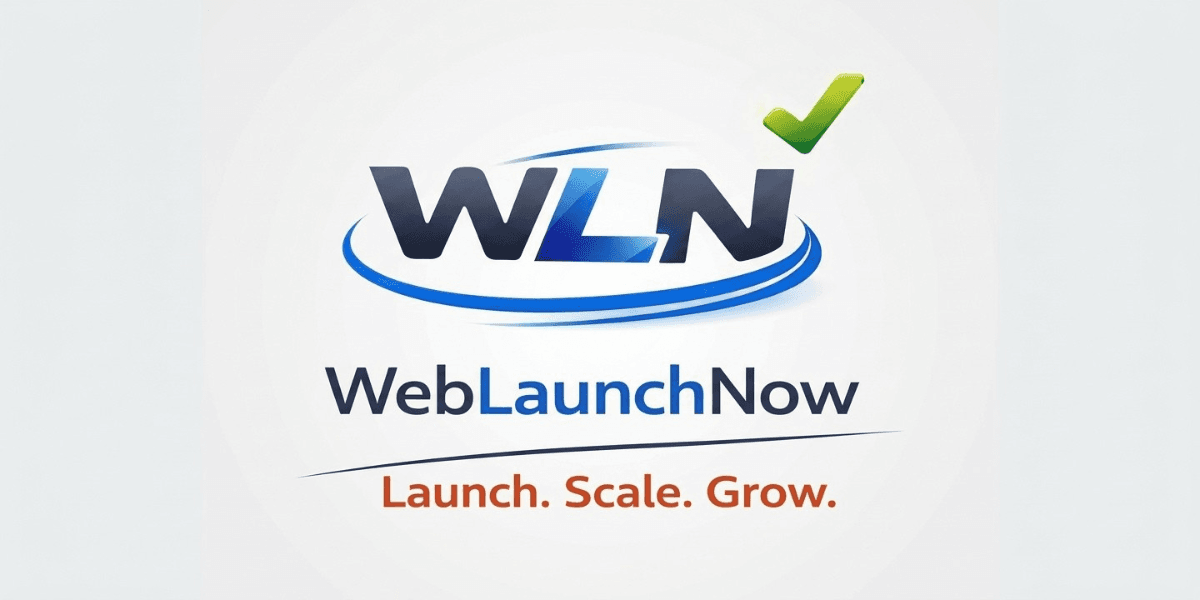 Logo of WebLaunchNow featuring the initials WLN and the slogan Launch Scale Grow