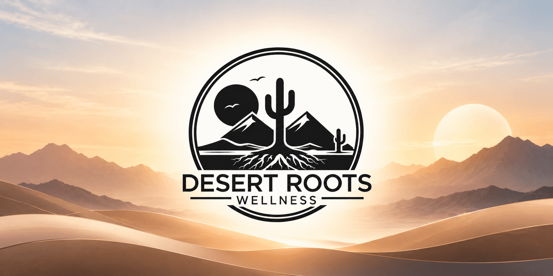 Logo for Desert Roots Wellness with mountains, cacti, sunset, and sand dunes backdrop