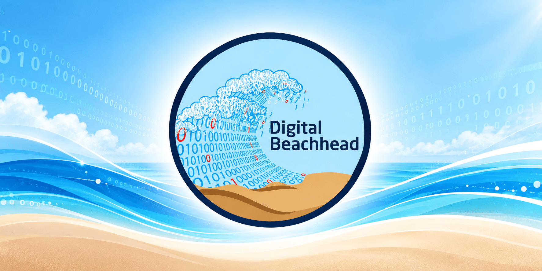 Logo depicting a wave of binary code with "Digital Beachhead" text on a beach background