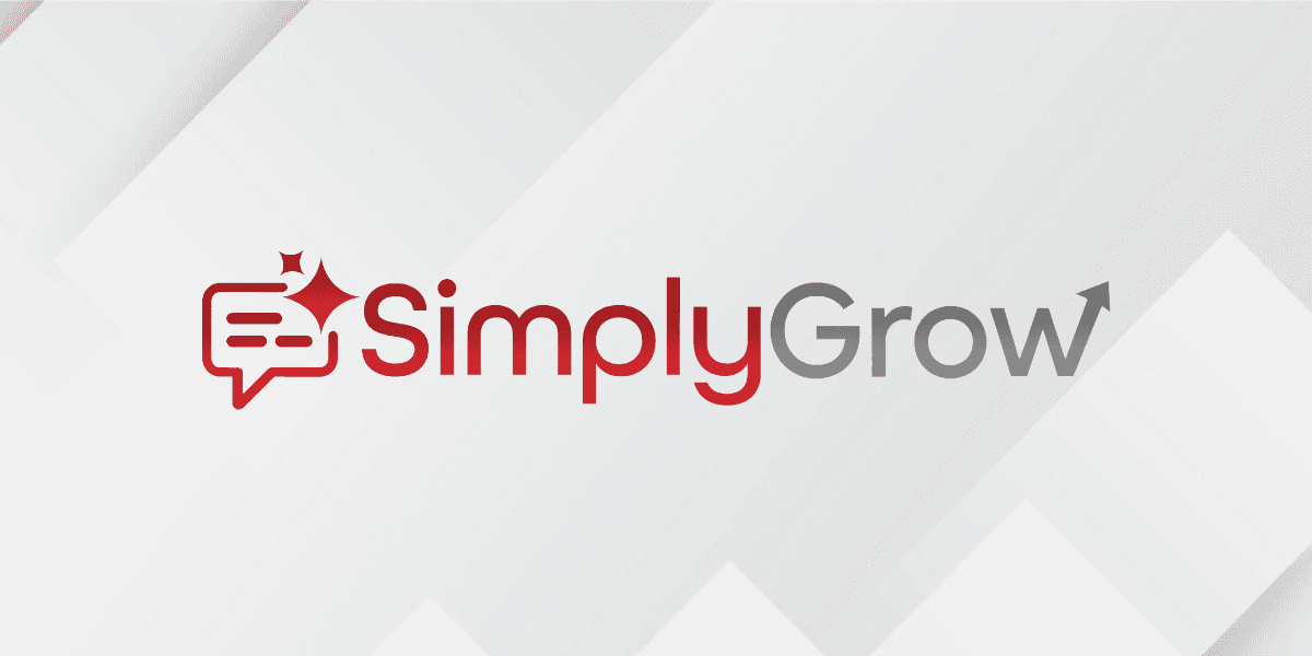 Logo of SimplyGrow featuring a speech bubble and an upward arrow in red and gray