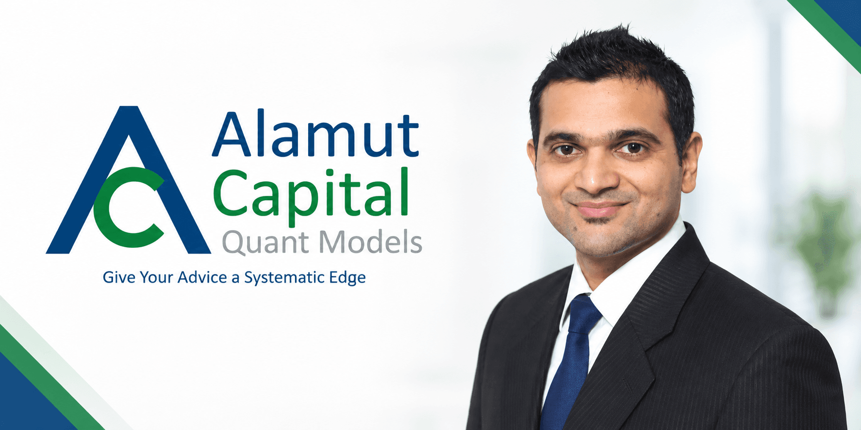 Professional man in a suit beside "Alamut Capital" logo and tagline on a light background