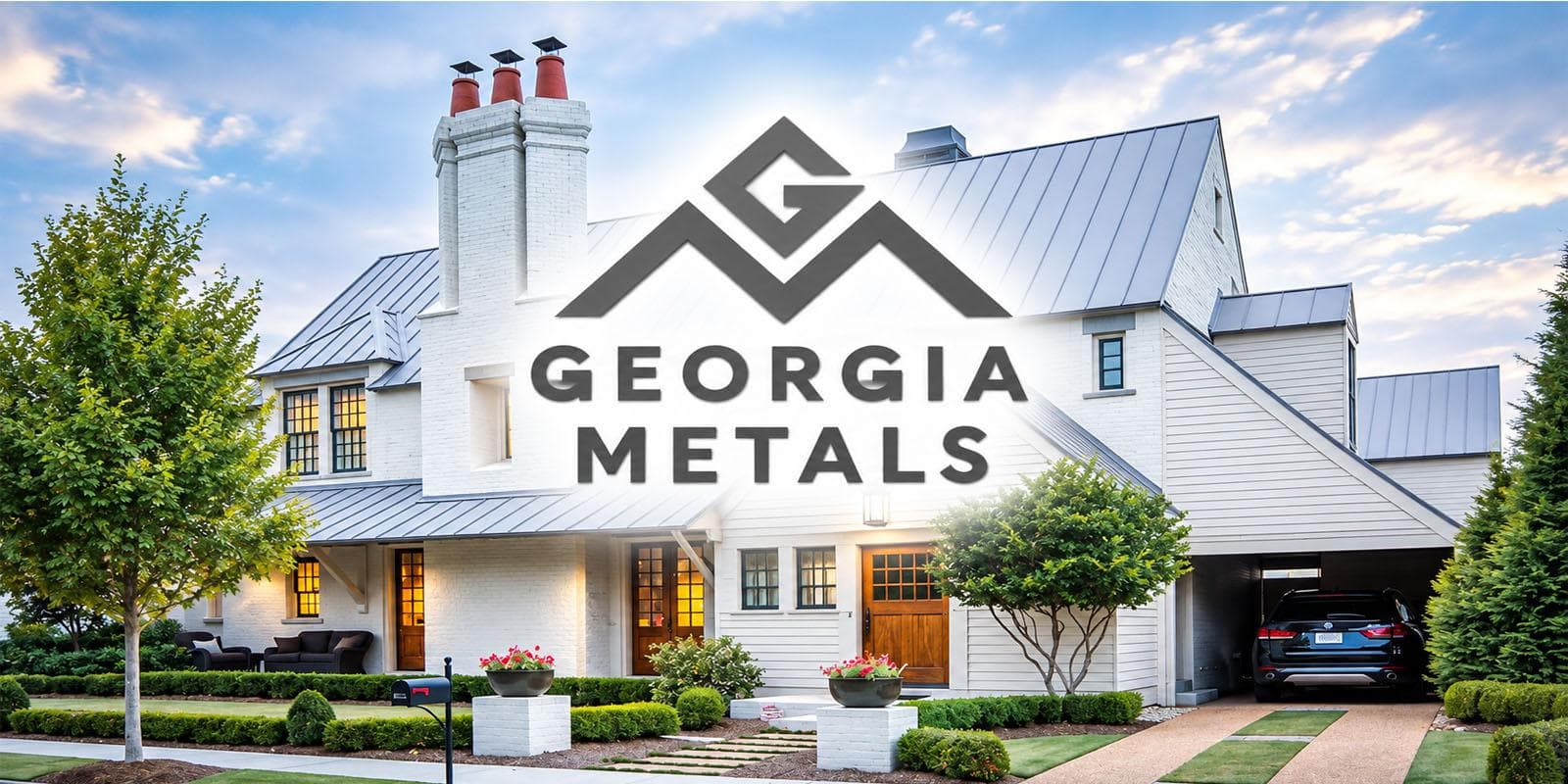 Modern house exterior with landscaping and Georgia Metals logo overlayed in the center