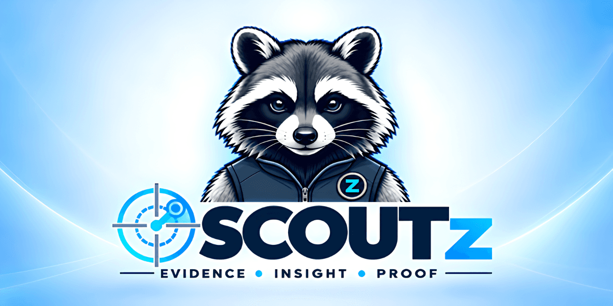 Logo featuring a raccoon in a vest with the word "SCOUTZ" and tagline.