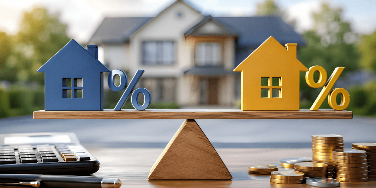Balance scale with blue and yellow houses, percentage signs, calculator, and coins in foreground