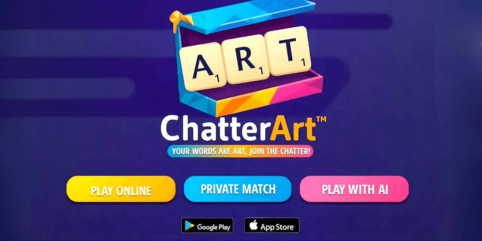 "ChatterArt™ logo and game interface, showcasing a creative and interactive word game blending strategy, art, and community."