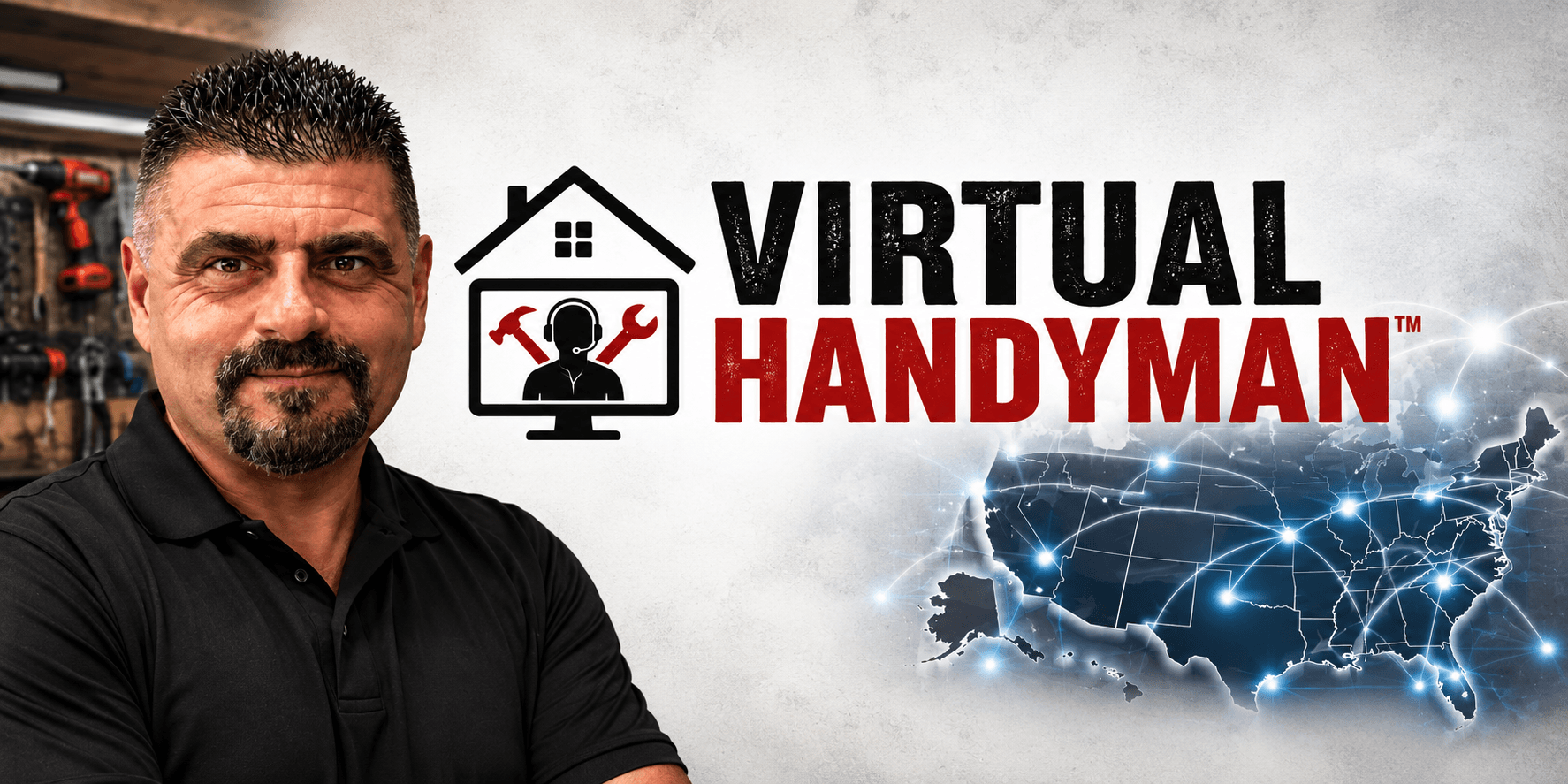 Man standing beside a logo for Virtual Handyman with a map in the background