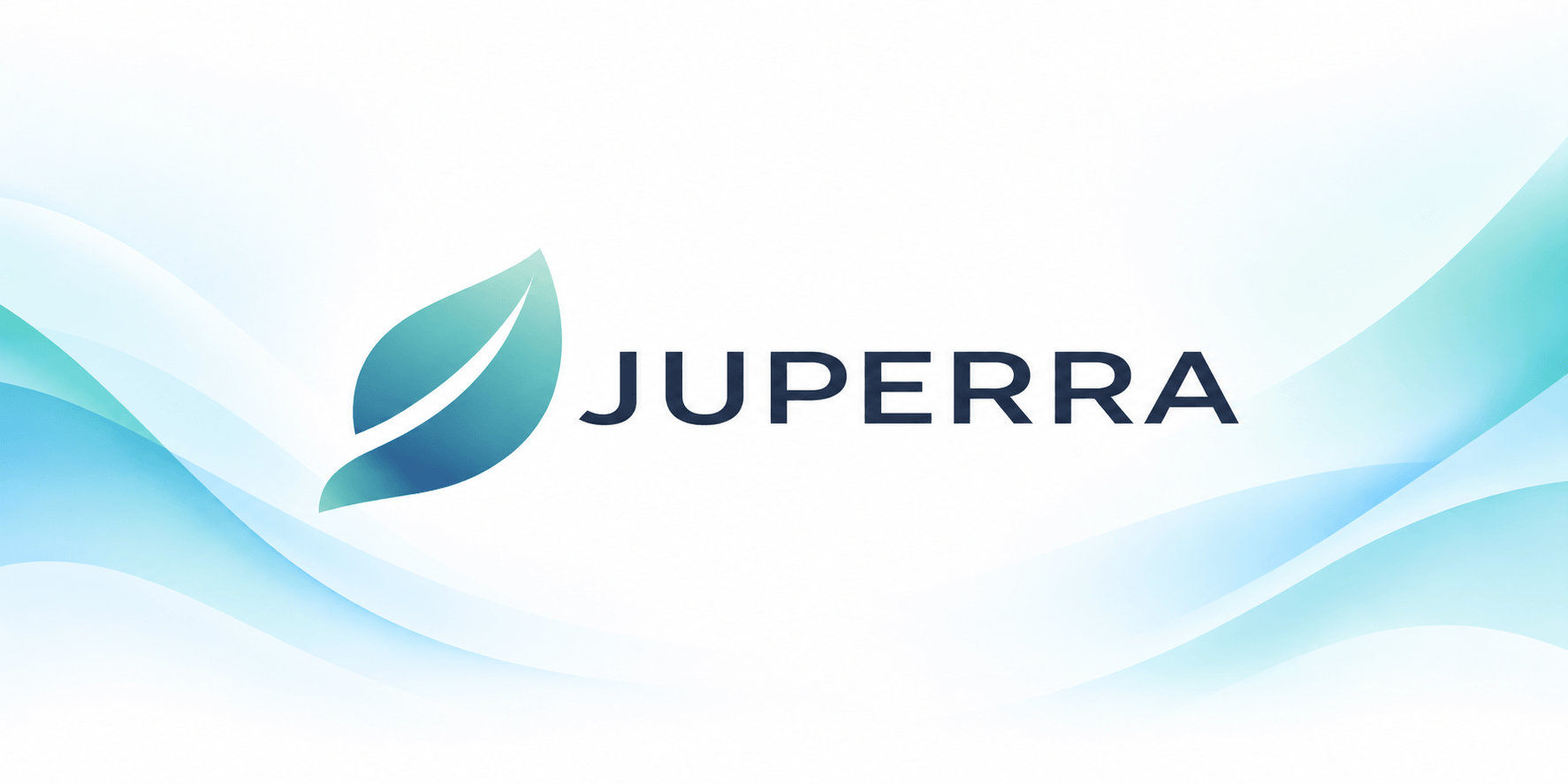 Logo of Juperra with a stylized leaf and soft wave background in blue tones