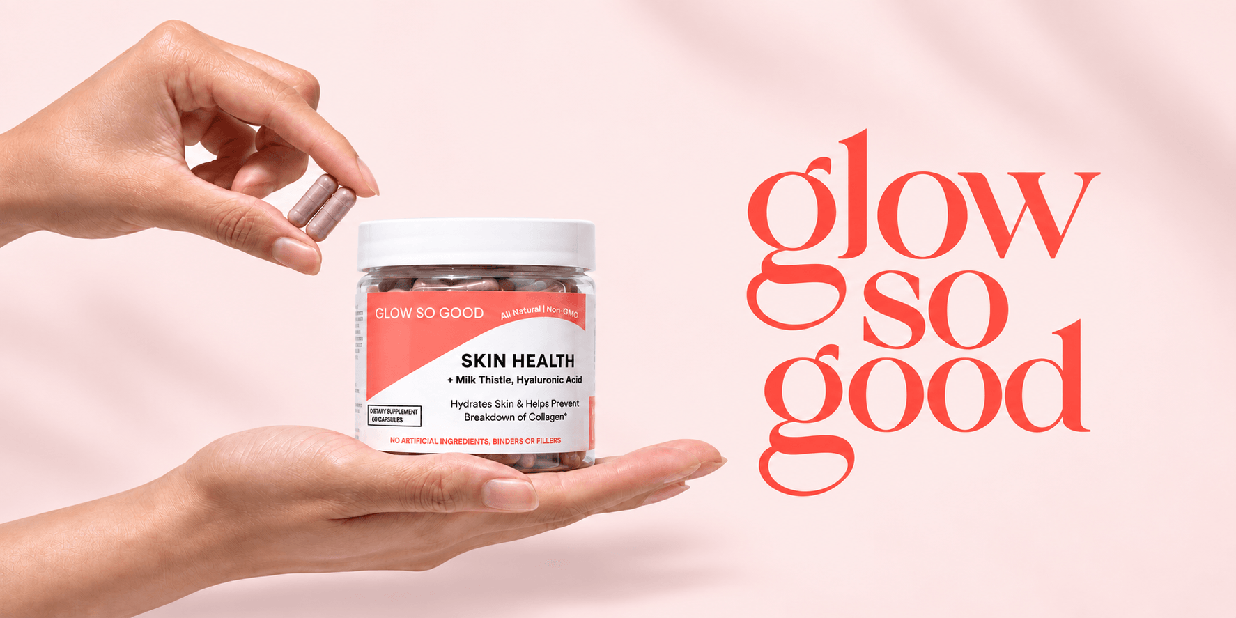 A hand holding a bottle of skin health capsules with the brand name displayed