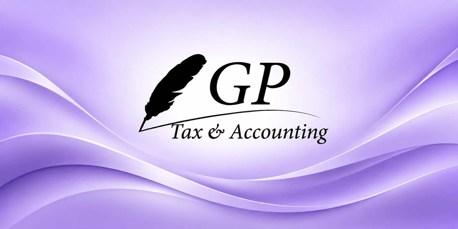 Logo for GP Tax & Accounting with a quill and purple wave background