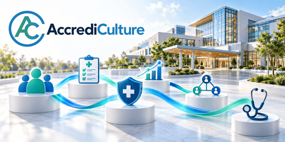 A modern healthcare facility logo featuring AccrediCulture with connected health icons and graphics