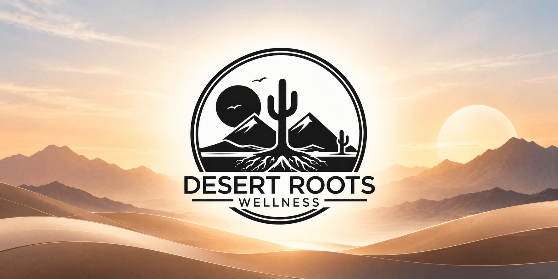 Logo for Desert Roots Wellness with mountains, cacti, sunset, and sand dunes backdrop