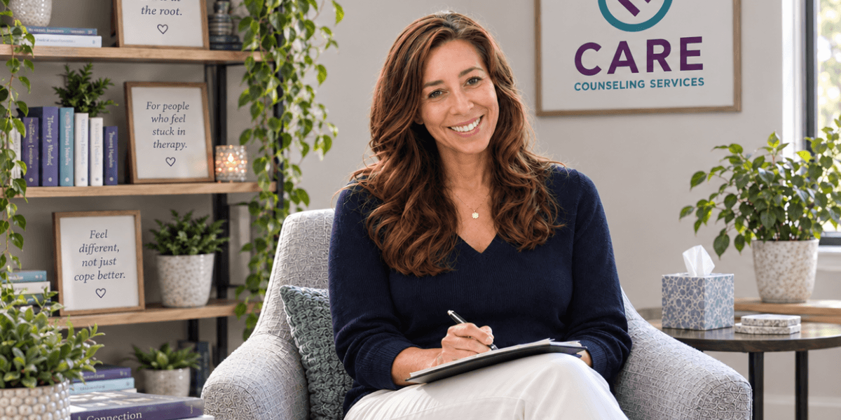 A smiling woman in a cozy office setting taking notes on a clipboard