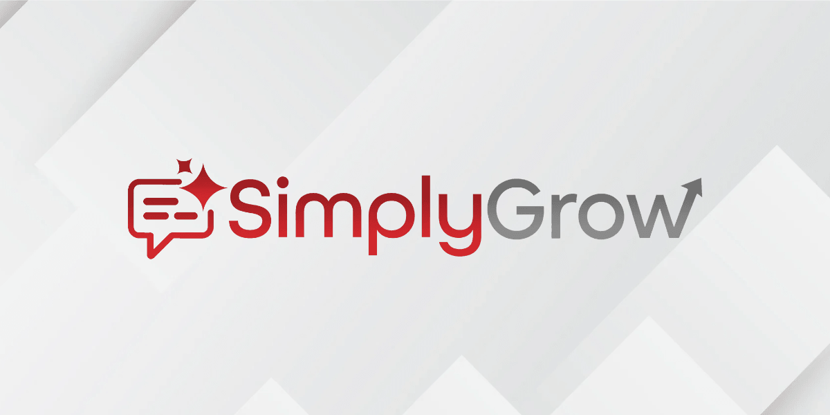 Logo of SimplyGrow featuring a speech bubble and an upward arrow in red and gray