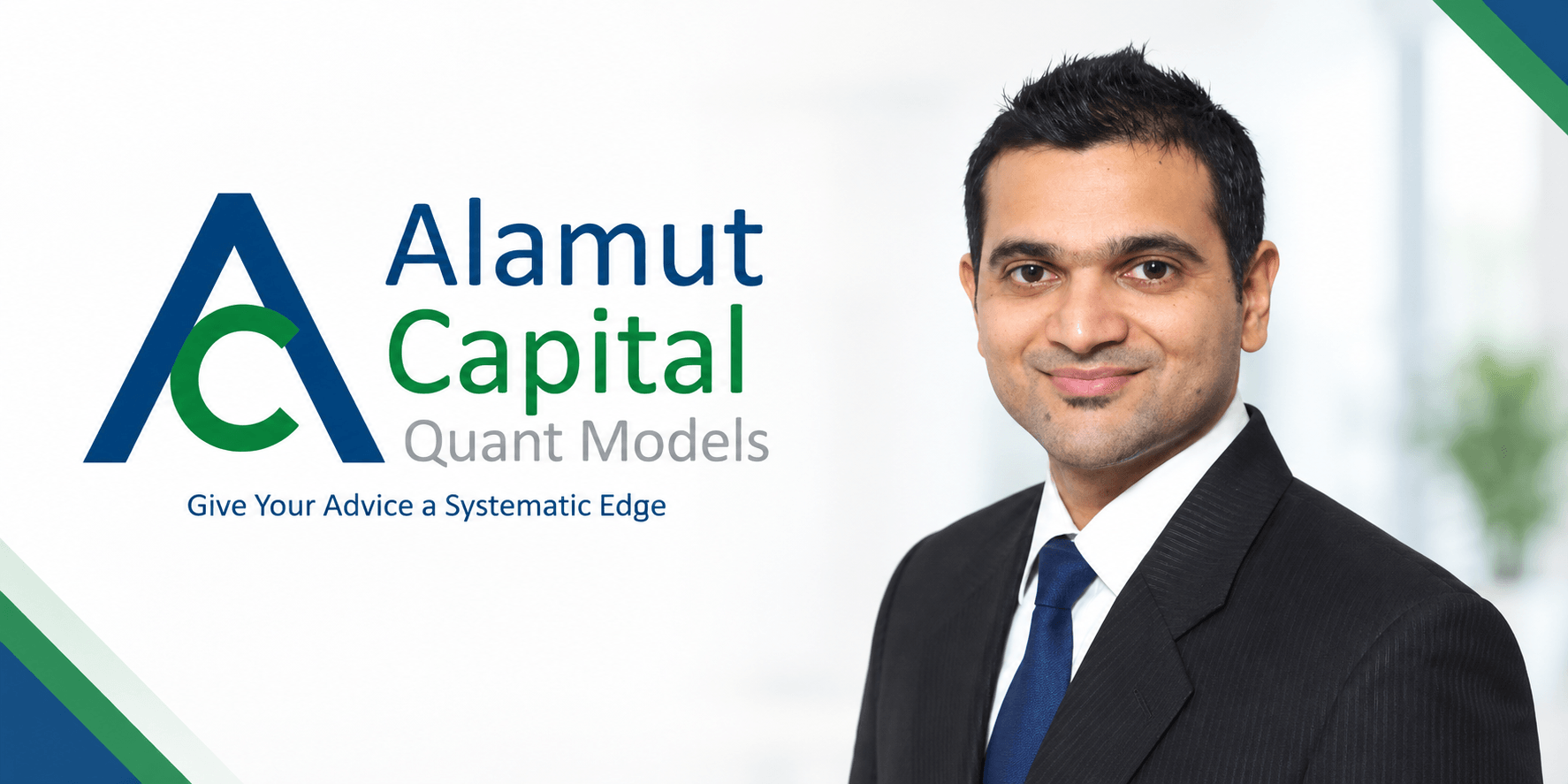 Professional man in a suit beside "Alamut Capital" logo and tagline on a light background