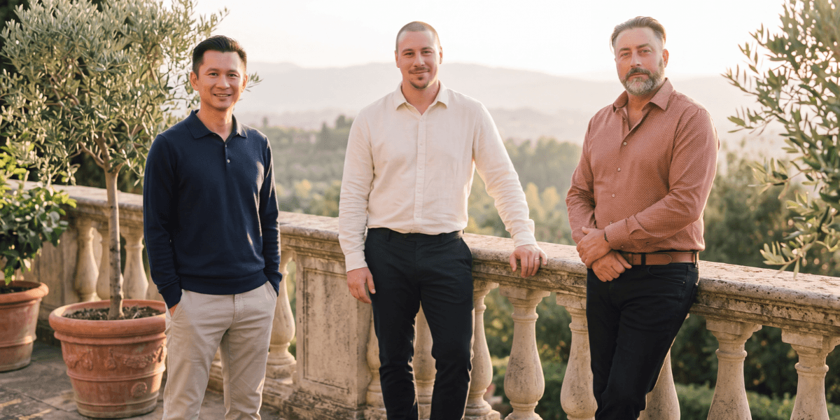 Three men standing together on a balcony with a scenic outdoor backdrop