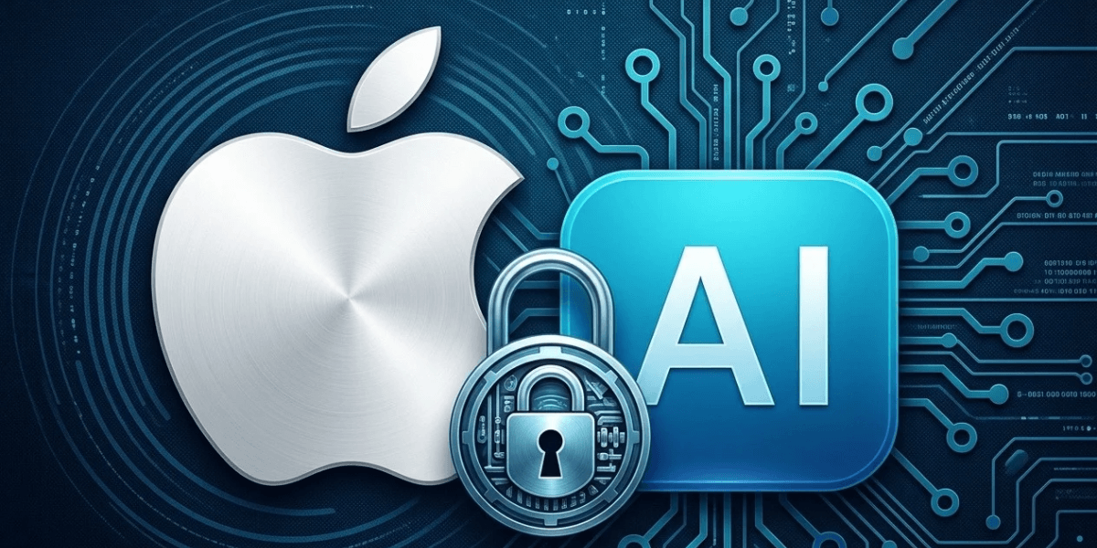 Apple logo with a padlock and AI symbol on a circuit background