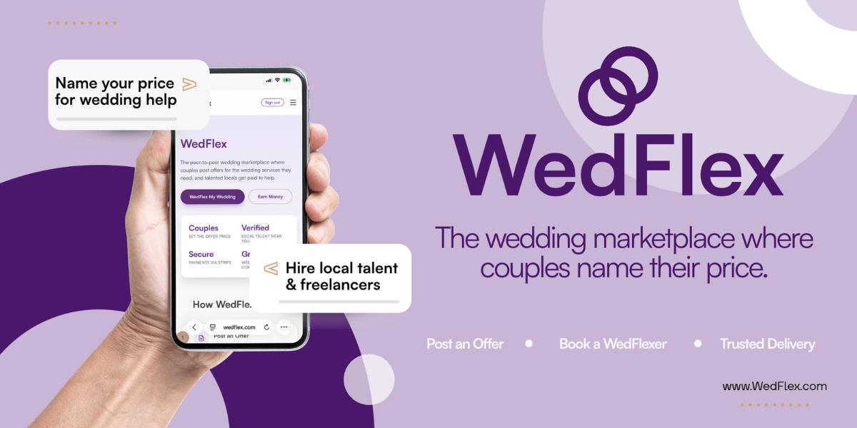 Hand holding a phone displaying the WedFlex wedding marketplace app on a purple background