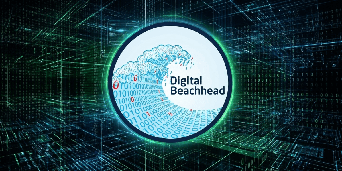 Logo featuring a wave of binary code with "Digital Beachhead" text inside a circle