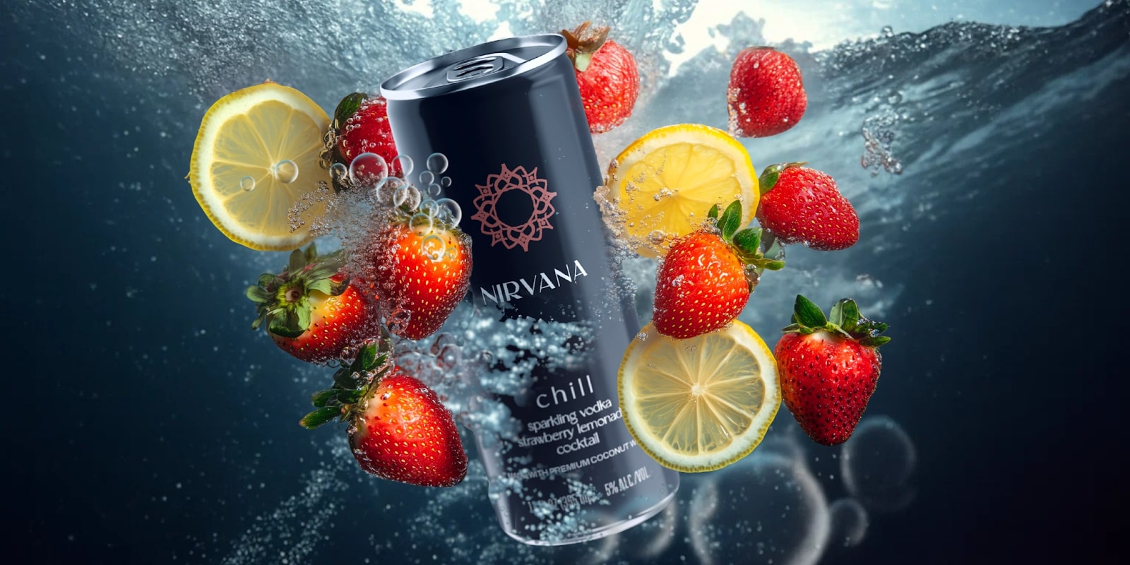 A can of Nirvana Chill sparkling vodka with strawberry lemonade, surrounded by fresh strawberries, lemons, and bubbles in water.