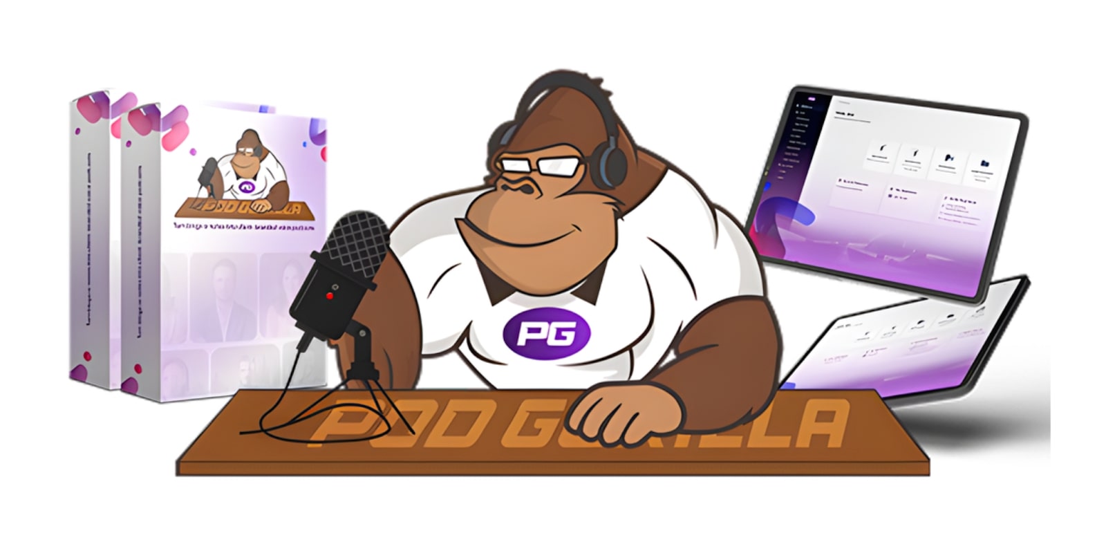 Cartoon gorilla mascot for PodGorilla with a podcast microphone and digital devices showcasing podcast creation.