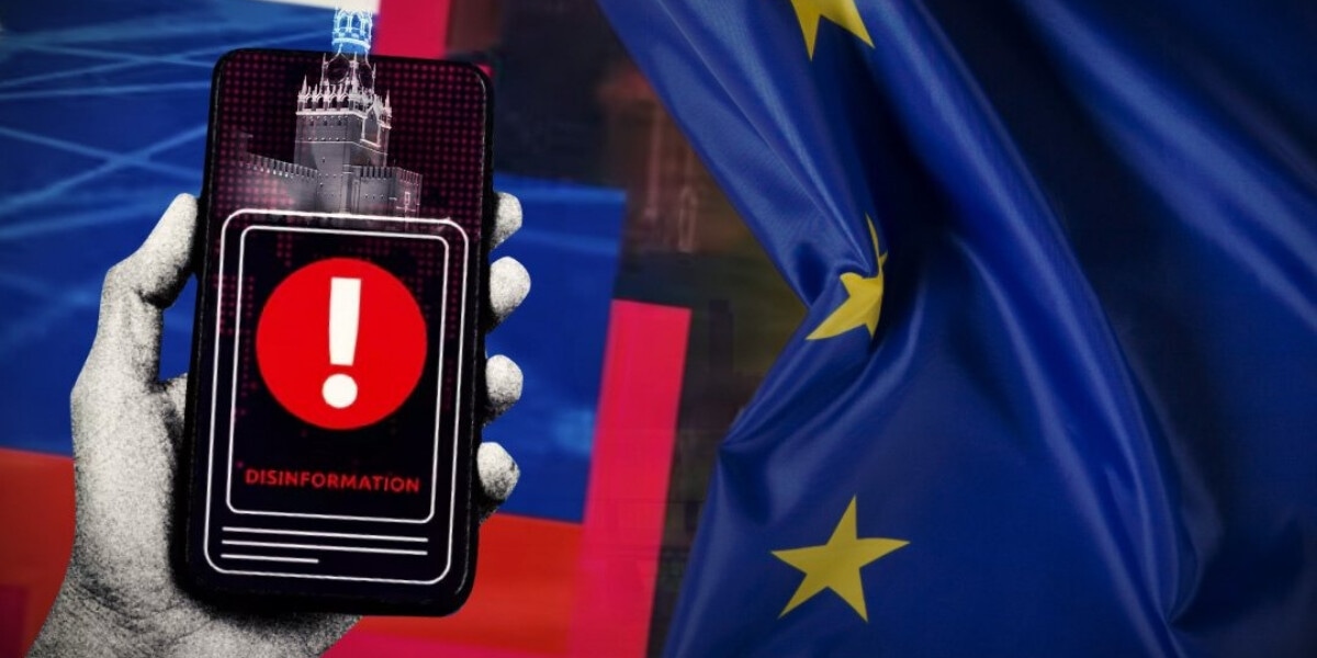 Mobile phone displaying a disinformation alert with a background of the European flag and a digital network.