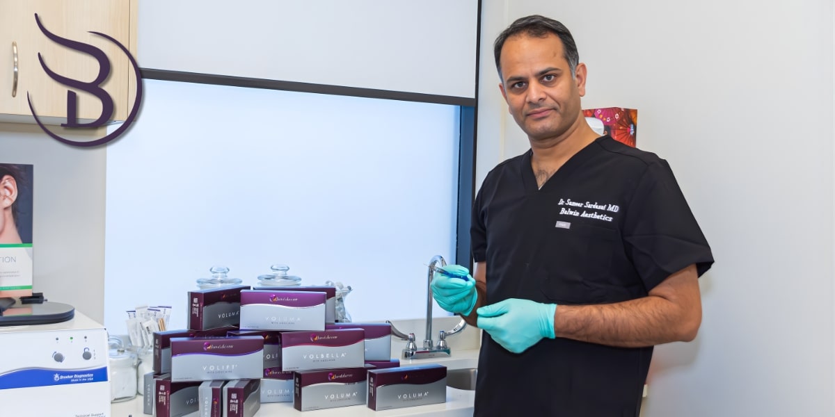 Dr. Sameer Sardesai at Balwin Aesthetics showcasing Botox products, offering non-surgical treatments for a youthful, refreshed appearance.