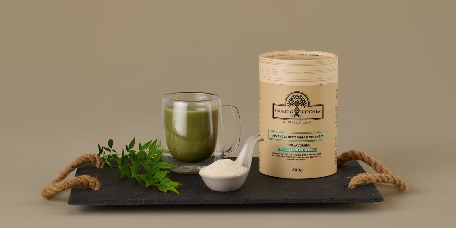Advanced Keto Vegan Collagen powder, a cup of green drink, and sustainable packaging for Taurigo BioChem nutraceuticals.