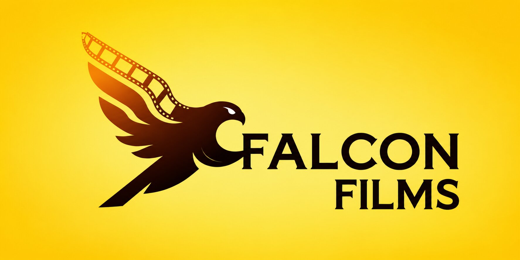 Falcon Films Production logo featuring a stylized falcon with a filmstrip wing on a yellow background.