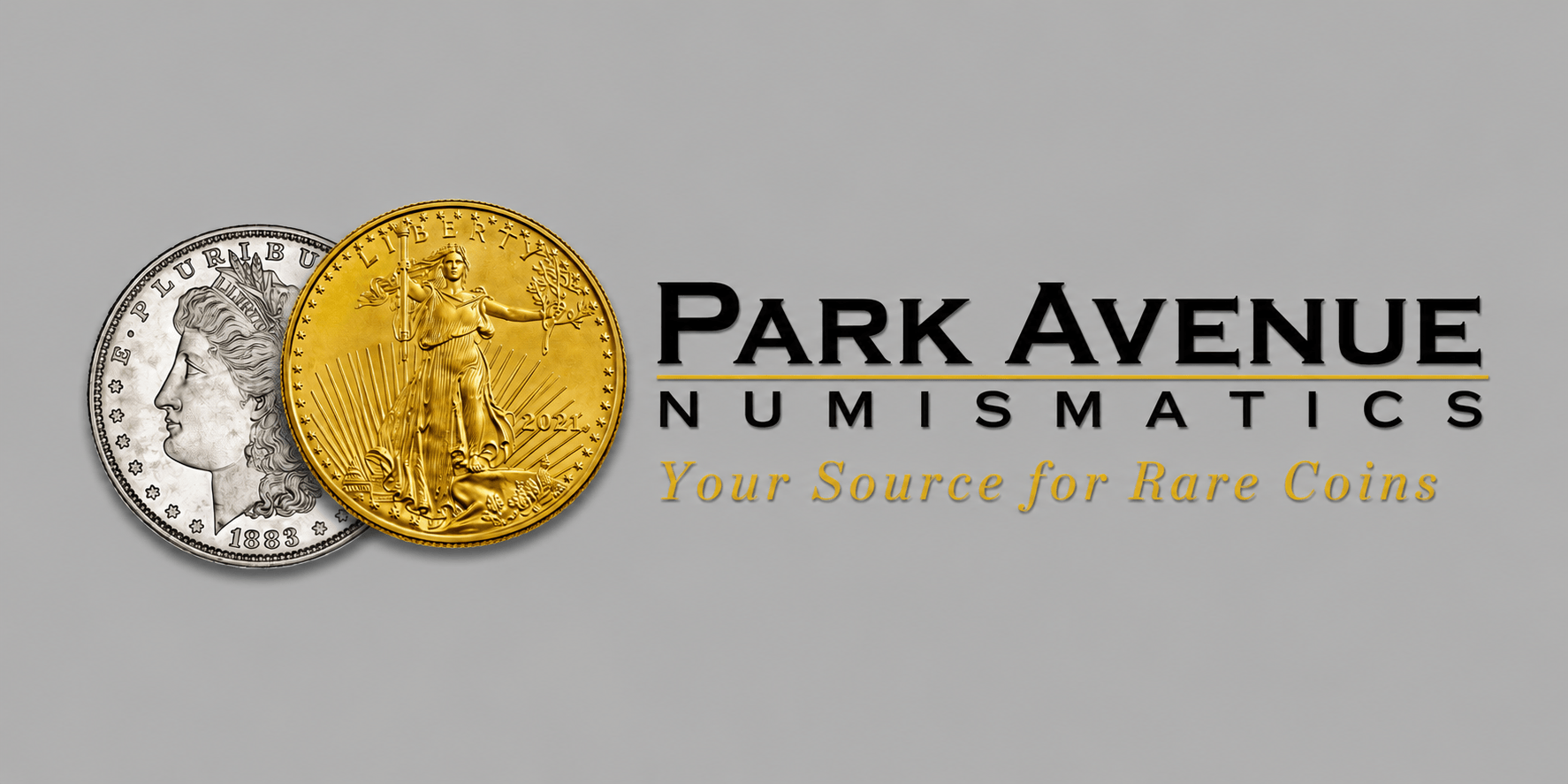Park Avenue Numismatics logo featuring gold and silver rare coins with company name and tagline.