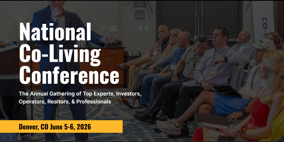 Housing innovators and real estate professionals engaging at co-living conference, exploring affordable housing solutions, community living concepts, and modern residential design strategies.