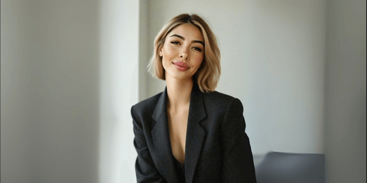 A woman with short blonde hair smiles softly while wearing a black blazer, posing in a minimalist indoor setting.