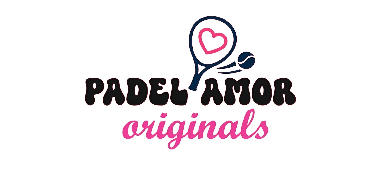 Logo with a padel racket featuring a heart, ball, and text “Padel Amor Originals” in black and pink.