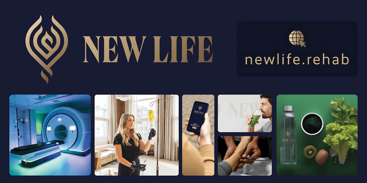 "Collage showcasing NEW LIFE rehab services: MRI, IV drip, app, healthy drinks, food, and logo with website."