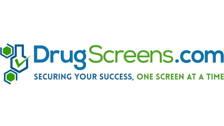Logo for DrugScreens.com featuring blue and green text with a checkmark and molecular icons
