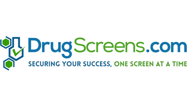 Logo for DrugScreens.com featuring blue and green text with a checkmark and molecular icons