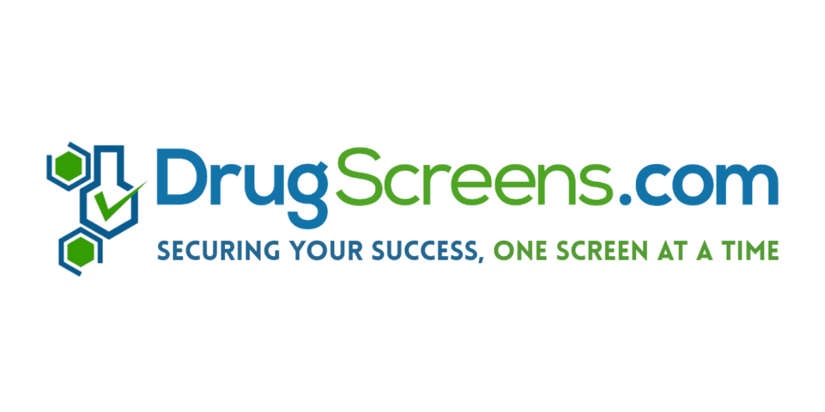 Logo for DrugScreens.com featuring blue and green text with a checkmark and molecular icons