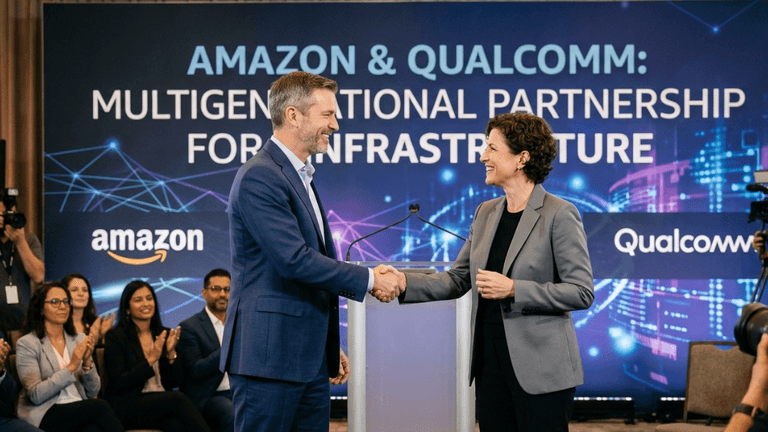 Two individuals shake hands on stage, announcing a partnership between Amazon and Qualcomm