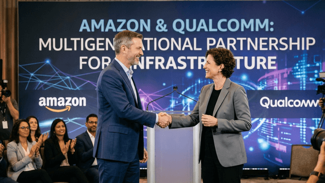 Two individuals shake hands on stage, announcing a partnership between Amazon and Qualcomm