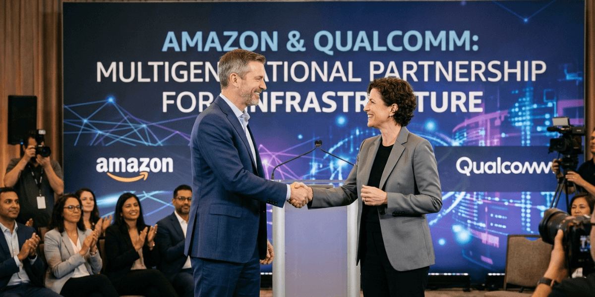 Two individuals shake hands on stage, announcing a partnership between Amazon and Qualcomm