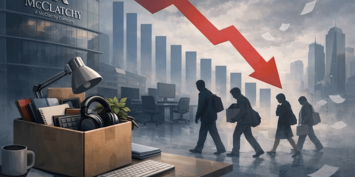 Graphic illustration of a declining market with silhouettes of workers leaving an office.