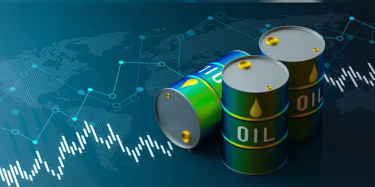 Three oil barrels placed on a background featuring a world map and financial charts