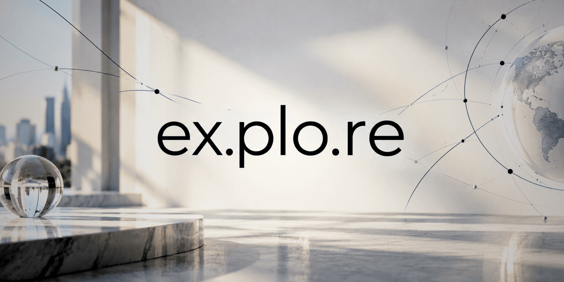 Minimalist interior with the word "explore" and abstract globe graphic in a bright space