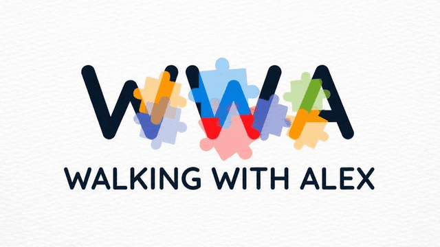 Colorful puzzle pieces surrounding the acronym WWA for "Walking With Alex" logo