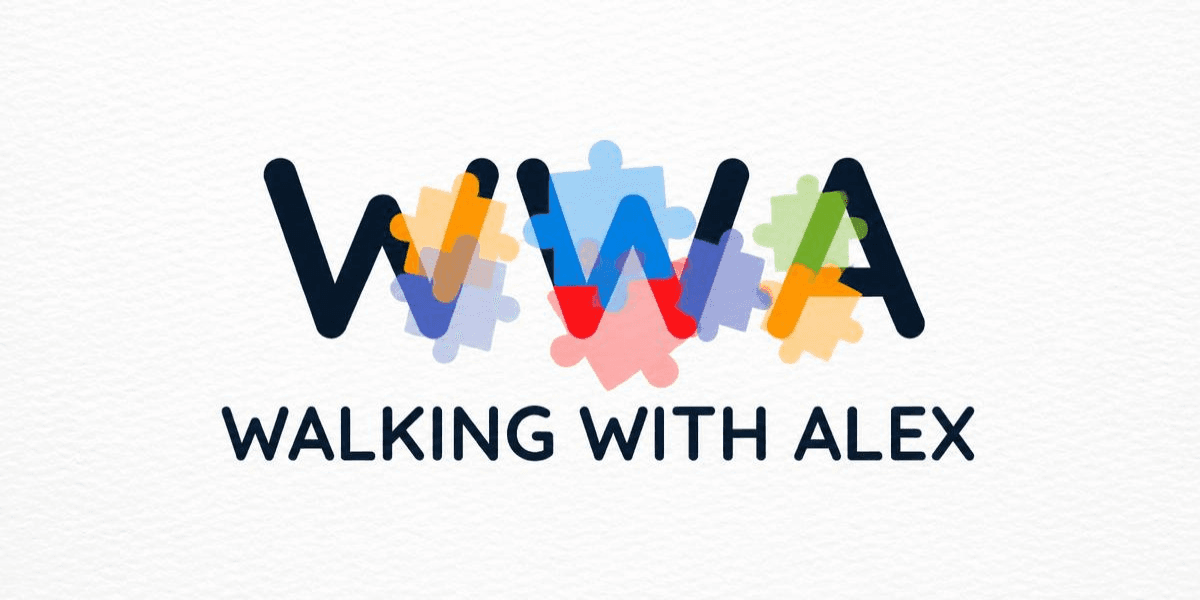 Colorful puzzle pieces surrounding the acronym WWA for "Walking With Alex" logo