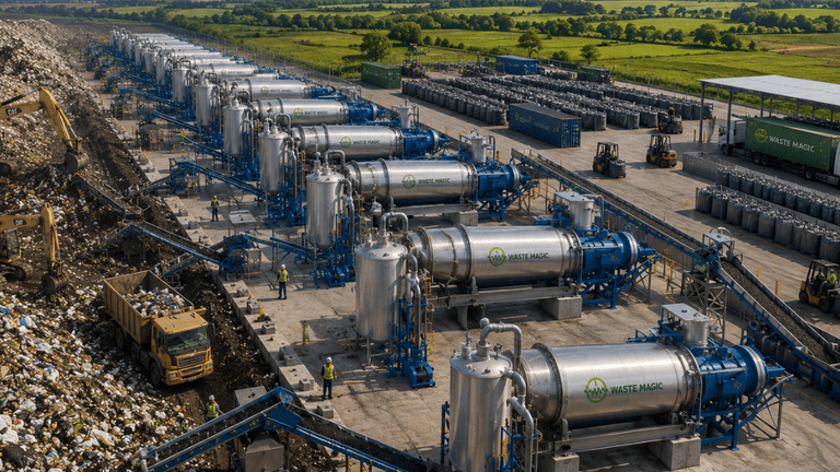 Aerial view of waste processing facility with large tanks and machinery among trash piles