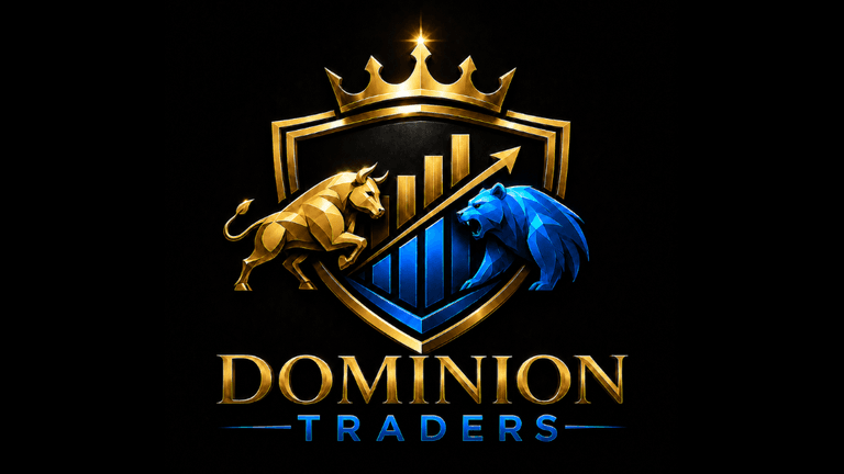 Logo for Dominion Traders featuring a gold bull, blue lion, and a crown
