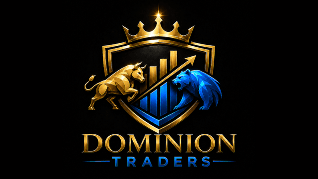 Logo for Dominion Traders featuring a gold bull, blue lion, and a crown