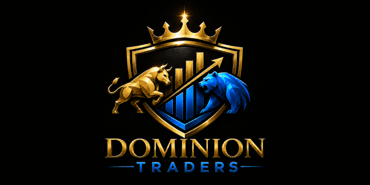 Logo for Dominion Traders featuring a gold bull, blue lion, and a crown