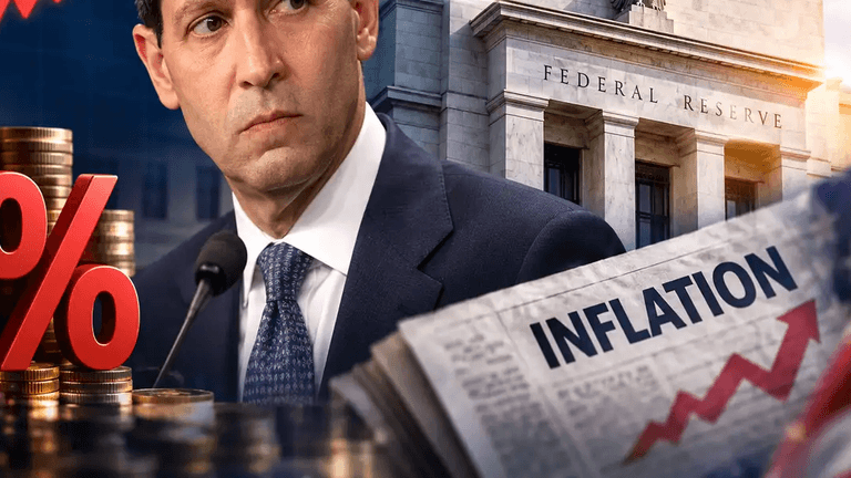 Man in suit with Federal Reserve building, graphs, and newspaper about inflation